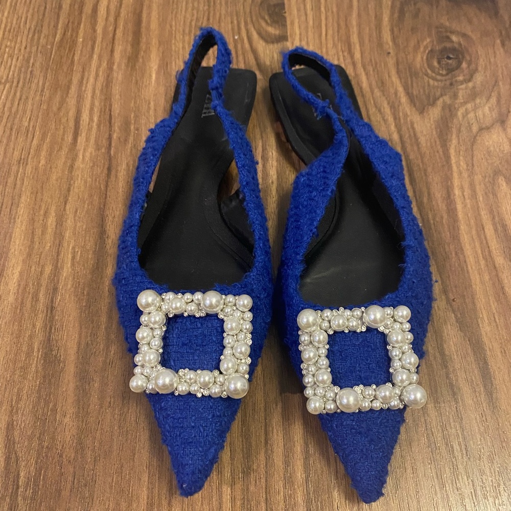 Zara blue tweed sling back flats size 40